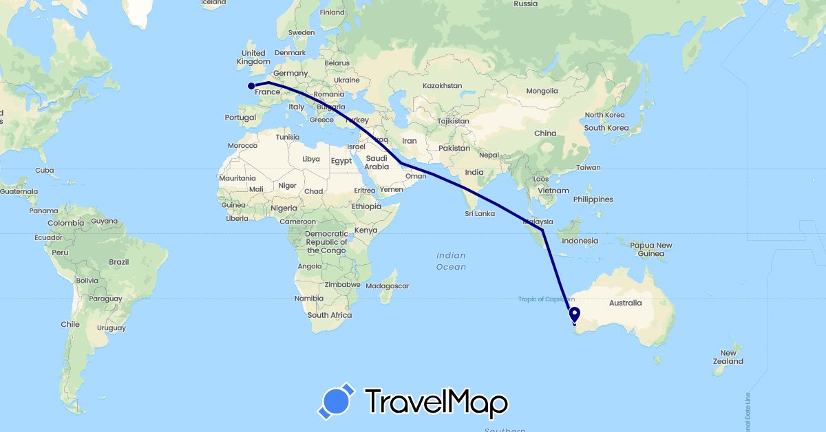 TravelMap itinerary: driving in Australia, France, Qatar, Singapore (Asia, Europe, Oceania)