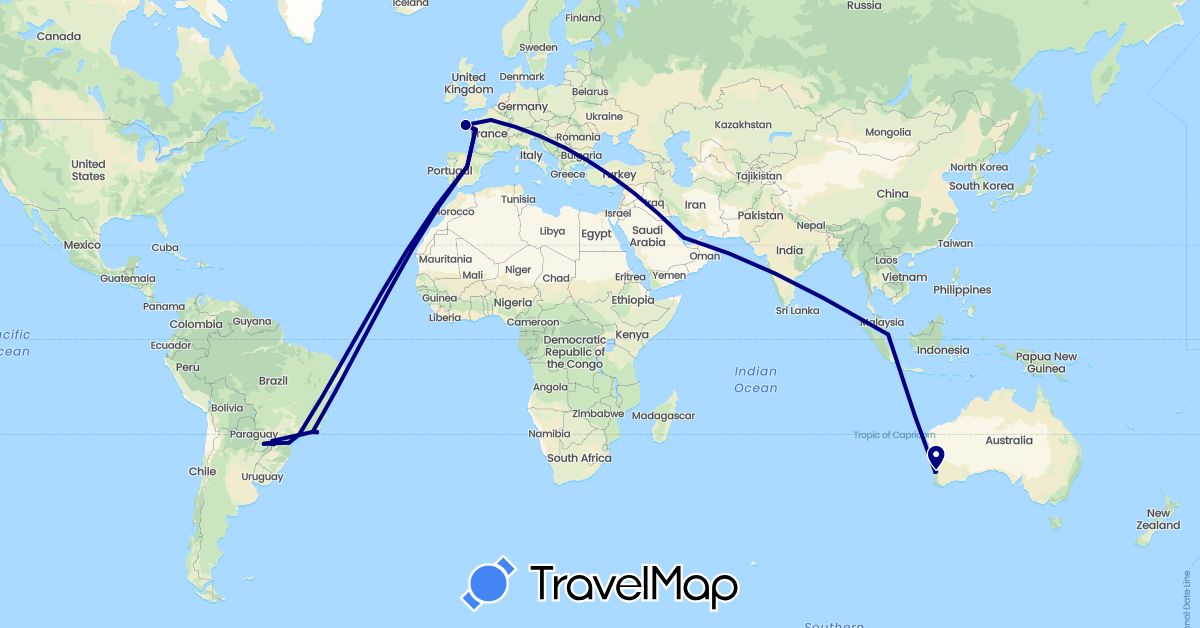 TravelMap itinerary: driving in Argentina, Australia, Brazil, Spain, France, Paraguay, Qatar, Singapore (Asia, Europe, Oceania, South America)